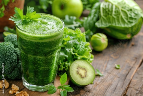 Green smoothie with blended ingredients on wooden table