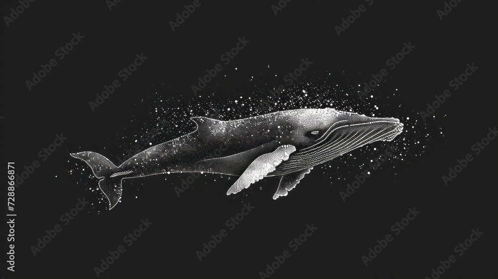  a black and white drawing of a humpback whale with bubbles of water coming out of it's mouth, on a dark background of stars and a black sky.
