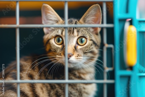 Gorgeous feline captured in a top notch image confined in a mobile enclosure