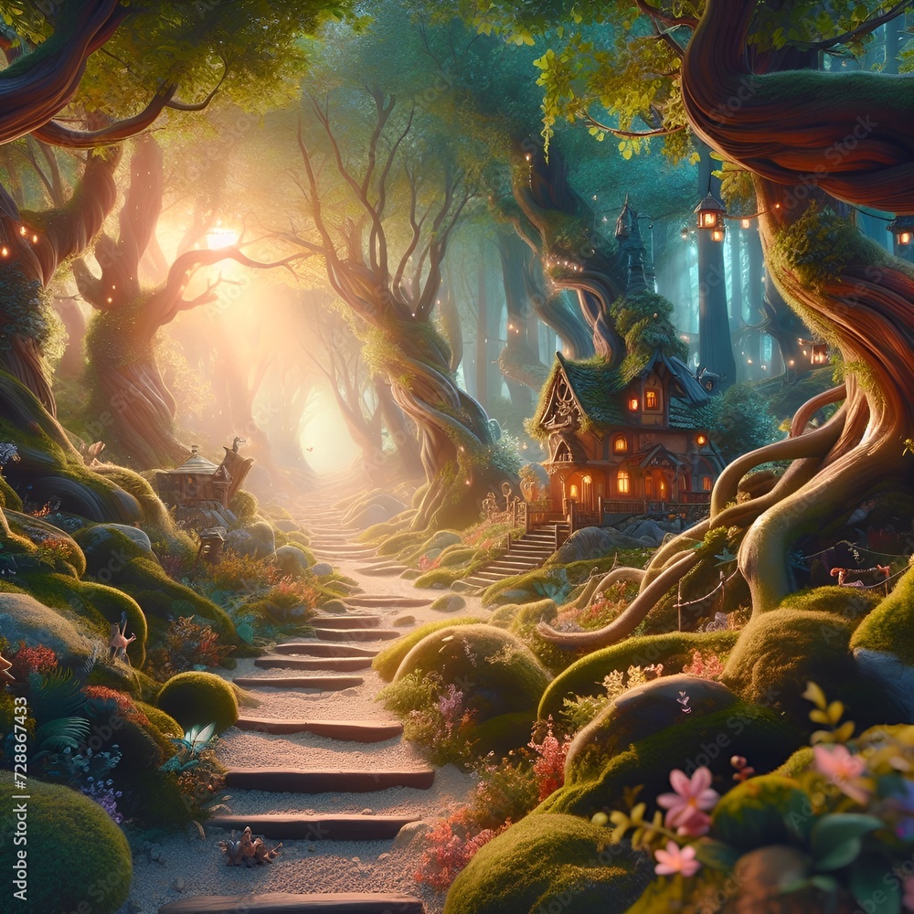Obraz premium Fairy forest background, green landscape, magical world cartoon design