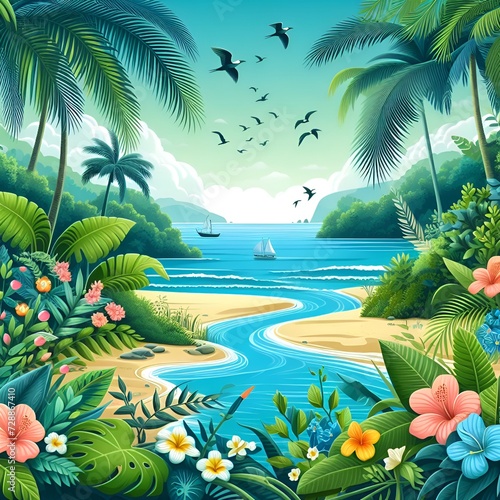 Tropical garden colorful Illustration floral drawing background postcard digital artwork  banner  website  flyer  Ads  gift  Card  booklet template