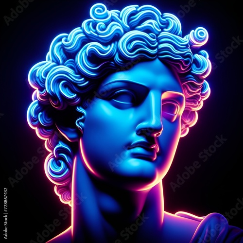 Contemporary art concept collage with antique statue head in a surreal style. Modern unusual art. Neon lights  ultra modern  futuristic 