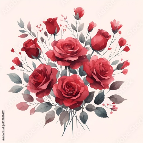 Watercolor of Bouquet of red roses and gypsophila.  Floral ornament. Pastel color  isolated watercolor illustrator.