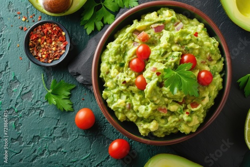 Guacamole bowl from above green textured backdrop