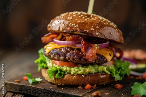 Guacamole beef burger with cheese and bacon on wood