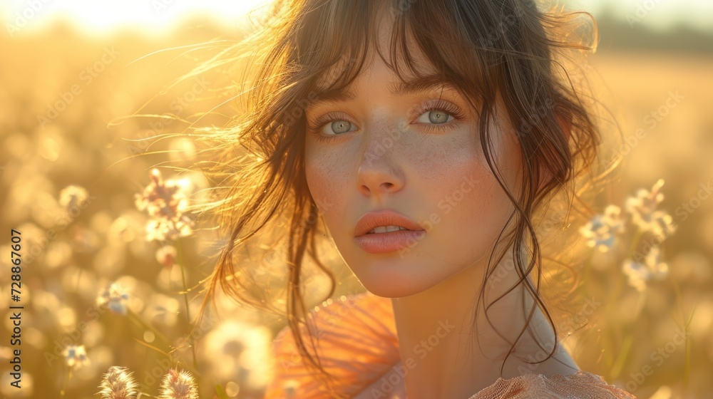 a woman standing in a field of flowers with her hair blowing in the wind and the sun shining on her face and hair blowing in the wind and her hair. a woman standing in a field of flowers with her hair blowing in the wind and the sun shining on her face and hair blowing in the wind and her hair.