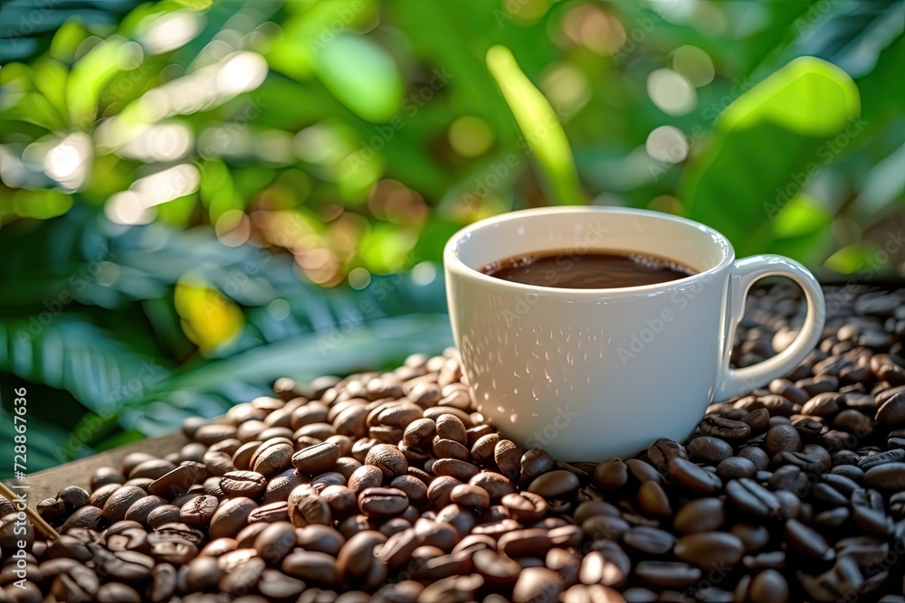 Hot coffee with coffee beans and coffee plant background Hot coffee with coffee beans and coffee plant background