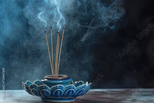 Incense sticks emitting smoke on lotus holder