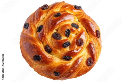 Isolated top view of a sweet bun with raisins freshly baked on white background photo