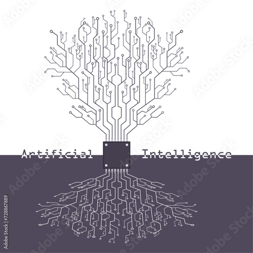 Artificial Intelligence AI tree branches growing from microchip CPU