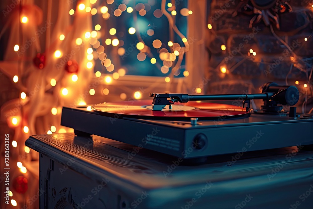 Lights behind an old record player