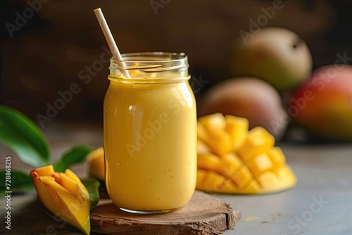 Mango beverages in a jar with a bamboo straw