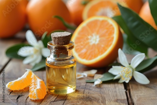 Orange essential oil on wooden background as alternative medicine photo