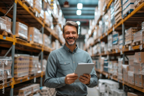 A male worker smiling at camera and using a tablet to check or scan inventory in a well-stocked warehouse