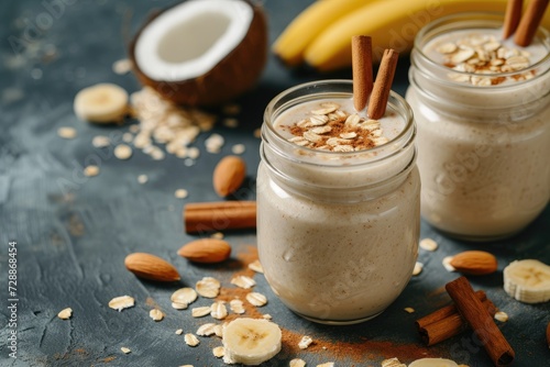 Nourishing morning meal of banana almond smoothie with cinnamon oat flakes and coconut milk in glass jars