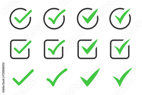 check mark icon button set. check box icon with right or correct buttons and yes checkmark icons in green tick box - checkbox symbol sign. check mark box square frame. vector illustration photo