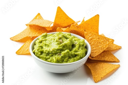 Popular Mexican food guacamole and tortilla chips displayed on a white background