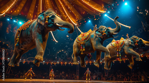 A circus tent where performers ride on the backs of flying elephants, soaring through the air with grace and majesty. photo