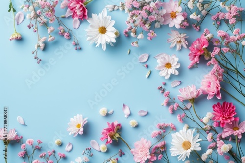 Spring Flowers on pastel blue background Floral concept for Easter Woman s day or Valentine s day Top view copy space