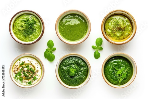 Selection of flavorful green sauces in bowls on a white backdrop