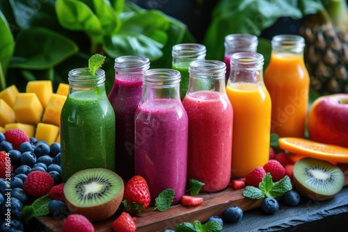 Selection of organic fruit smoothies in glass bottles Ideal for health conscious individuals or those following a detox diet