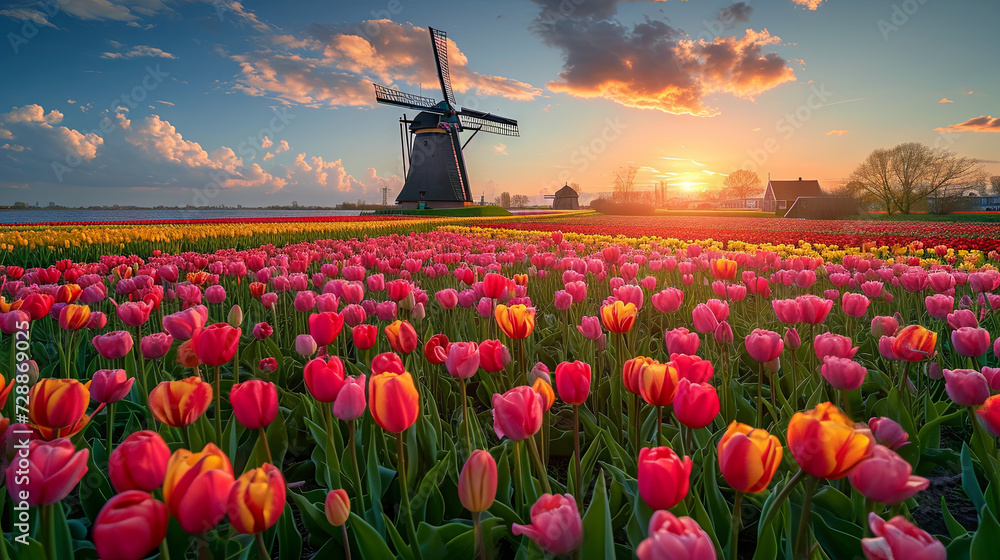 field of tulips with windmill. sunset time