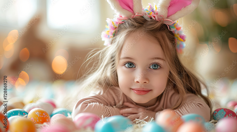 Little Girl with pink Bunny Ears with Easter Eggs, family holidays Little Girl with pink Bunny Ears with Easter Eggs, family holidays