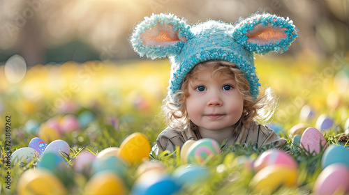 Little boy with Bunny Ears with Easter Eggs, holiday, eggs hunt