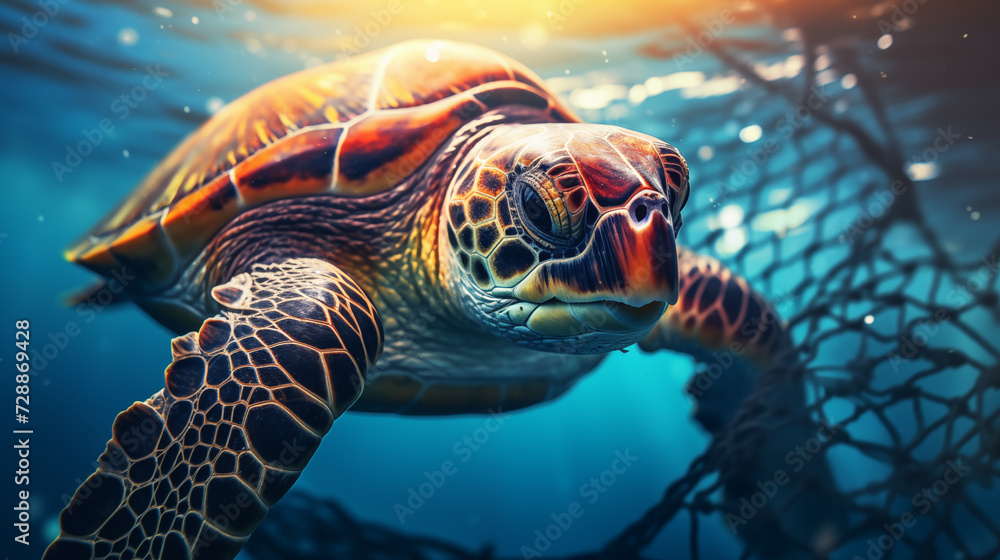 Fototapeta premium Turtle swimming in polluted sea