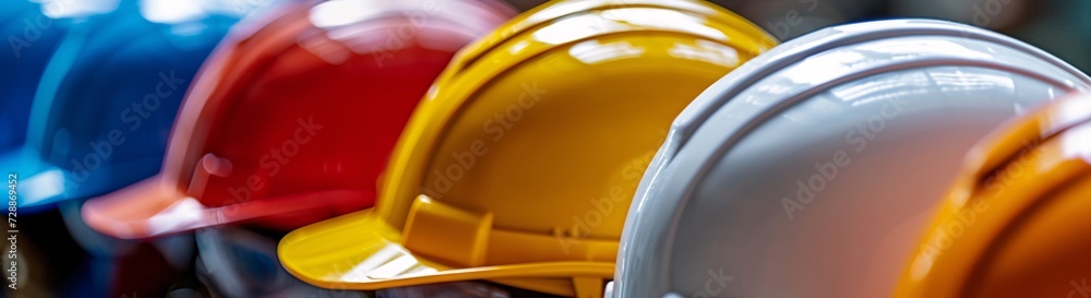 Fototapeta premium The bright yellow hard hat stands proudly, a symbol of protection and readiness for the hardworking individual donning this essential headdress of the construction industry