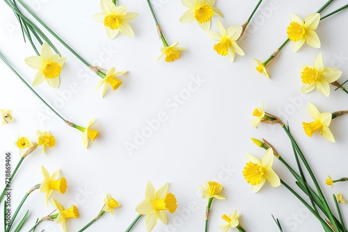 Spring greeting card invitation or banner with a beautiful minimalistic layout Yellow daffodils and space for text on a white background Simple fla photo