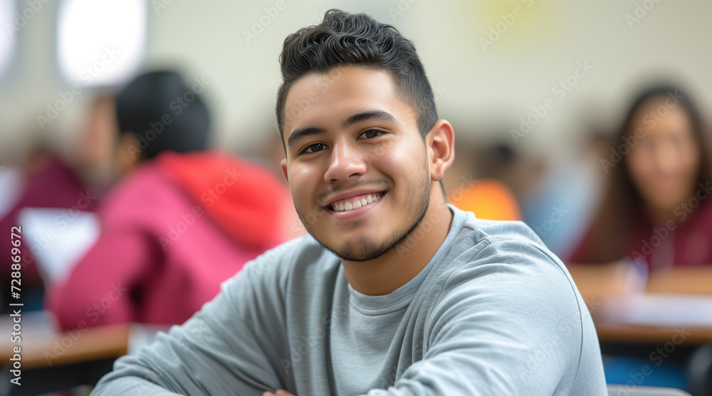 Latino male college student sitting a classroom smiling, student study in class, with copy space Latino male college student sitting a classroom smiling, student study in class, with copy space