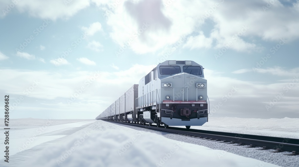 Generative AI image of freight train moving on the side in white open minimalistic environment - obrazy, fototapety, plakaty 