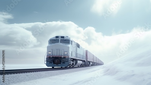 Generative AI image of freight train moving on the side in white open minimalistic environment
