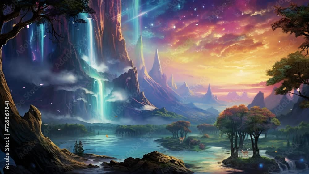 tropical Rainforest background video, with waterfall and river, tree amazing view landscape nature fantasy looping scenery