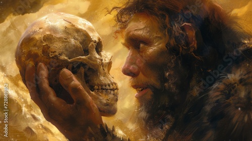 caveman holding a real human skull in an underground cave