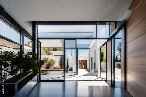 The grand entrance of a contemporary home with a minimalist pivot door, white walls, and a linear skylight casting geometric shadows