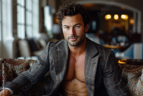 Male model with sports athletic build body, unbuttoned jacket, shirt, muscular macho photo