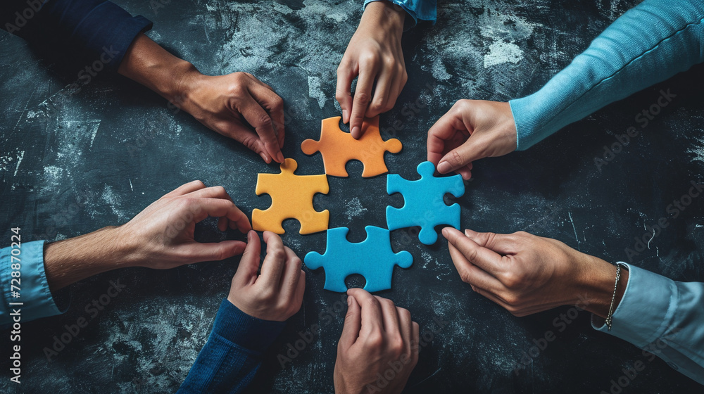 © Yana - Horizontal image of team build a puzzle on dark blue background © Yana - Horizontal image of team build a puzzle on dark blue background