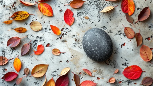 dark pebble is nestled on a clean, light surface, surrounded by a scattering of small, colorful autumn leaves