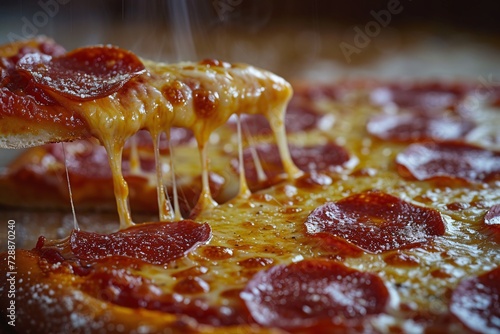 A mouthwatering slice of pepperoni pizza oozing with melted cheese, perfect for a quick and satisfying indoor meal photo