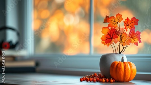 home office desk with a small, autumn-themed decor item, emphasizing focused simplicity and seasonal change photo