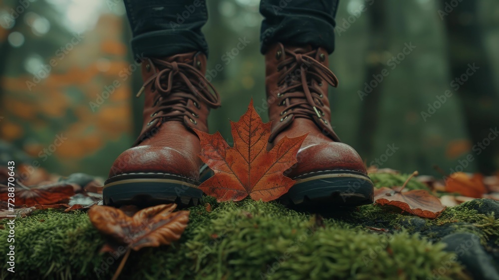 pair of leather boots and a fallen maple leaf on a mossy forest floor, embodying the spirit of autumn adventures pair of leather boots and a fallen maple leaf on a mossy forest floor, embodying the spirit of autumn adventures
