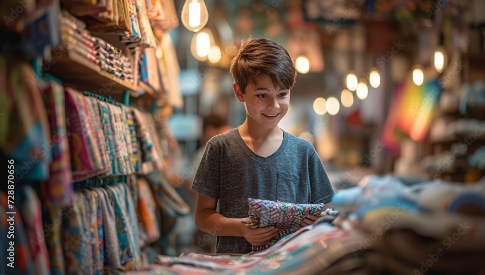 In a bustling street market, a young boy stands in a clothing store, surrounded by shelves of books and a woman selling items, his human face reflecting curiosity and wonder at the indoor world aroun - obrazy, fototapety, plakaty 