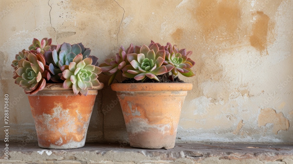 Nestled against a plain, textured wall, a pair of simple clay pots, housing a few fall succulents, effortlessly combine indoor coziness with the essence of autumn Nestled against a plain, textured wall, a pair of simple clay pots, housing a few fall succulents, effortlessly combine indoor coziness with the essence of autumn