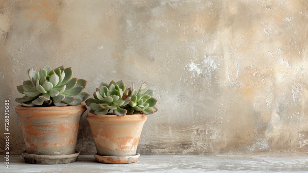 Two unpretentious clay pots, showcasing a few seasonal succulents, are placed against a plain, textured wall, effortlessly blending indoor warmth with the essence of autumn Two unpretentious clay pots, showcasing a few seasonal succulents, are placed against a plain, textured wall, effortlessly blending indoor warmth with the essence of autumn
