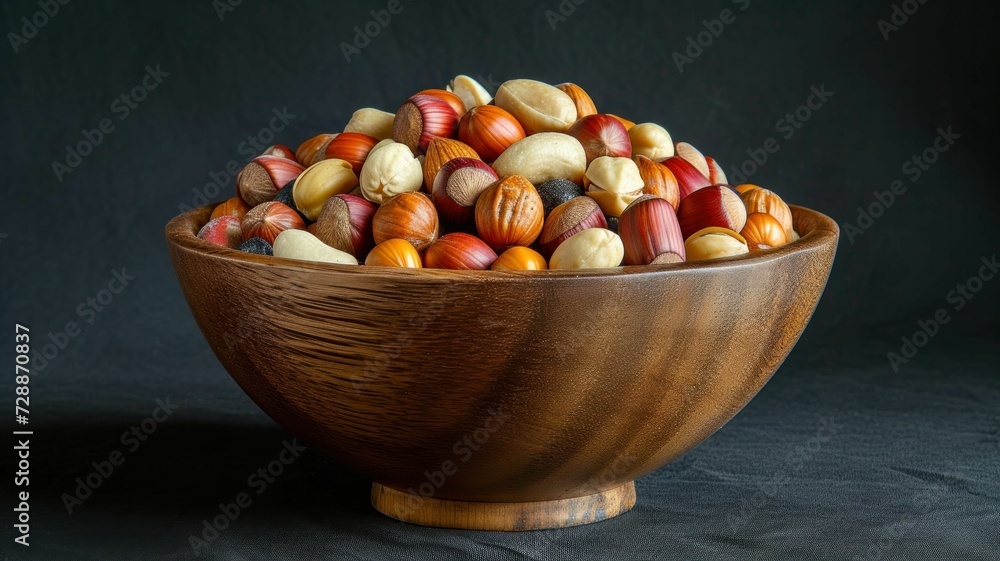 rustic wooden bowl filled with a variety of colorful autumn nuts, set against a plain, dark background rustic wooden bowl filled with a variety of colorful autumn nuts, set against a plain, dark background