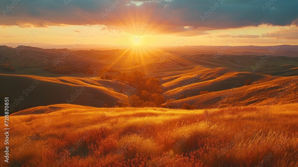 Panoramic view of rolling hills ablaze with autumn foliage at sunset, bathed in golden light Panoramic view of rolling hills ablaze with autumn foliage at sunset, bathed in golden light