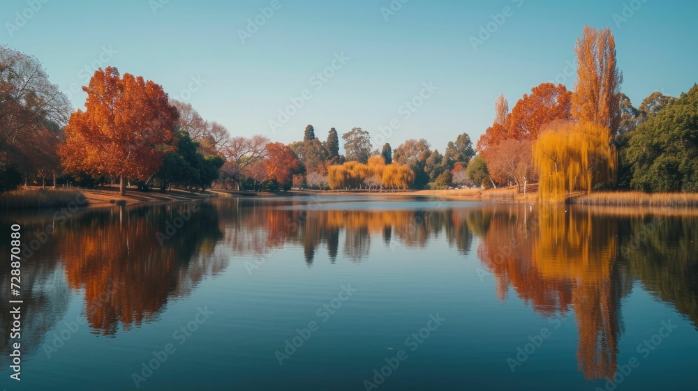 Autumn's splendor: a peaceful lake mirrors the resplendent colors of the surrounding trees, bathed in the glow of a clear blue sky