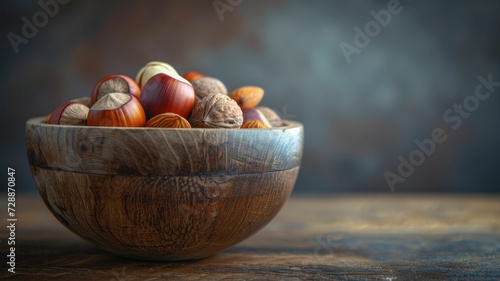 Nature s palette  A wooden bowl brims with an array of colorful autumn nuts  creating a vibrant display against a dark  simple background
